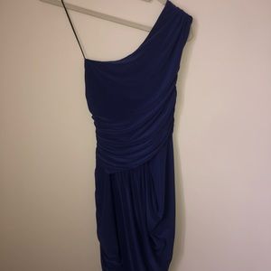 Blue draped one shoulder dress